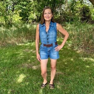 Emergency Exit: Sleeveless denim romper in a size small.